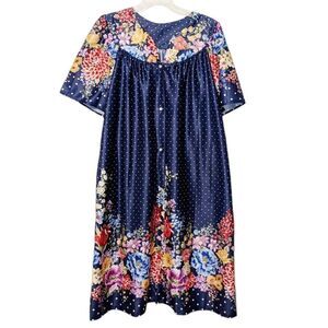 GS Brand Women's Floral Split V-Neck Short Sleeve House Dress Blue Large